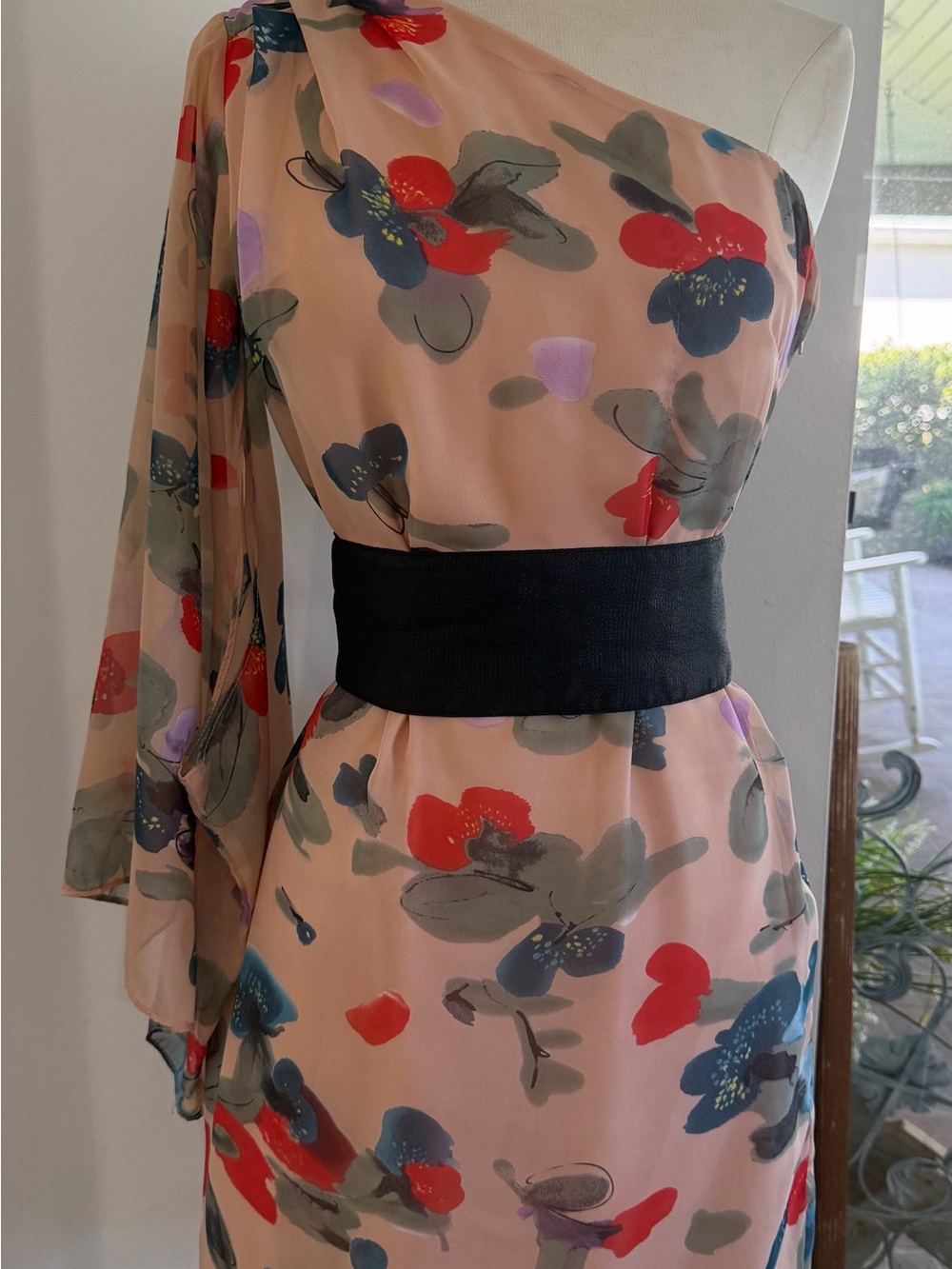 One-Shoulder Floral Dress in Blush Pink with Black Waistband